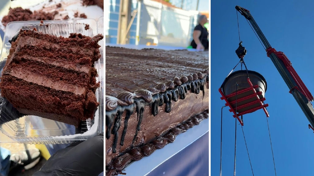 Bolo gigante de 2 toneladas em Ponta Grossa usa guindaste para calda e busca recorde mundial