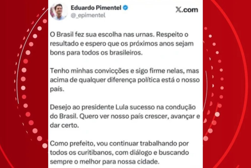 Prefeito de Curitiba manifesta respeito ao resultado das urnas após vitória de Lula