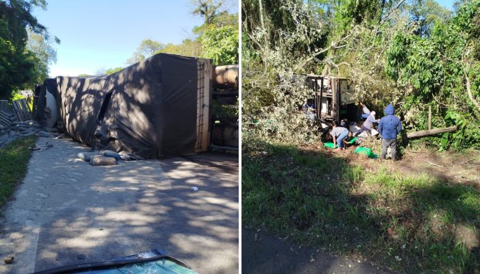 Br-277 totalmente interditada após tombamento de caminhões e saque de carga no Paraná