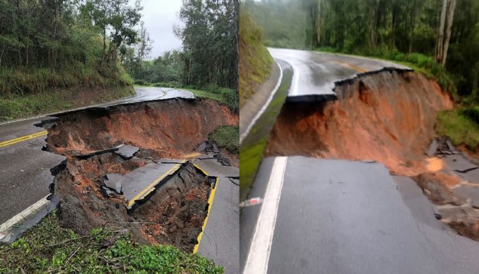 Erosão destrói trecho da Br-476 e interdita rodovia na Região Metropolitana de Curitiba